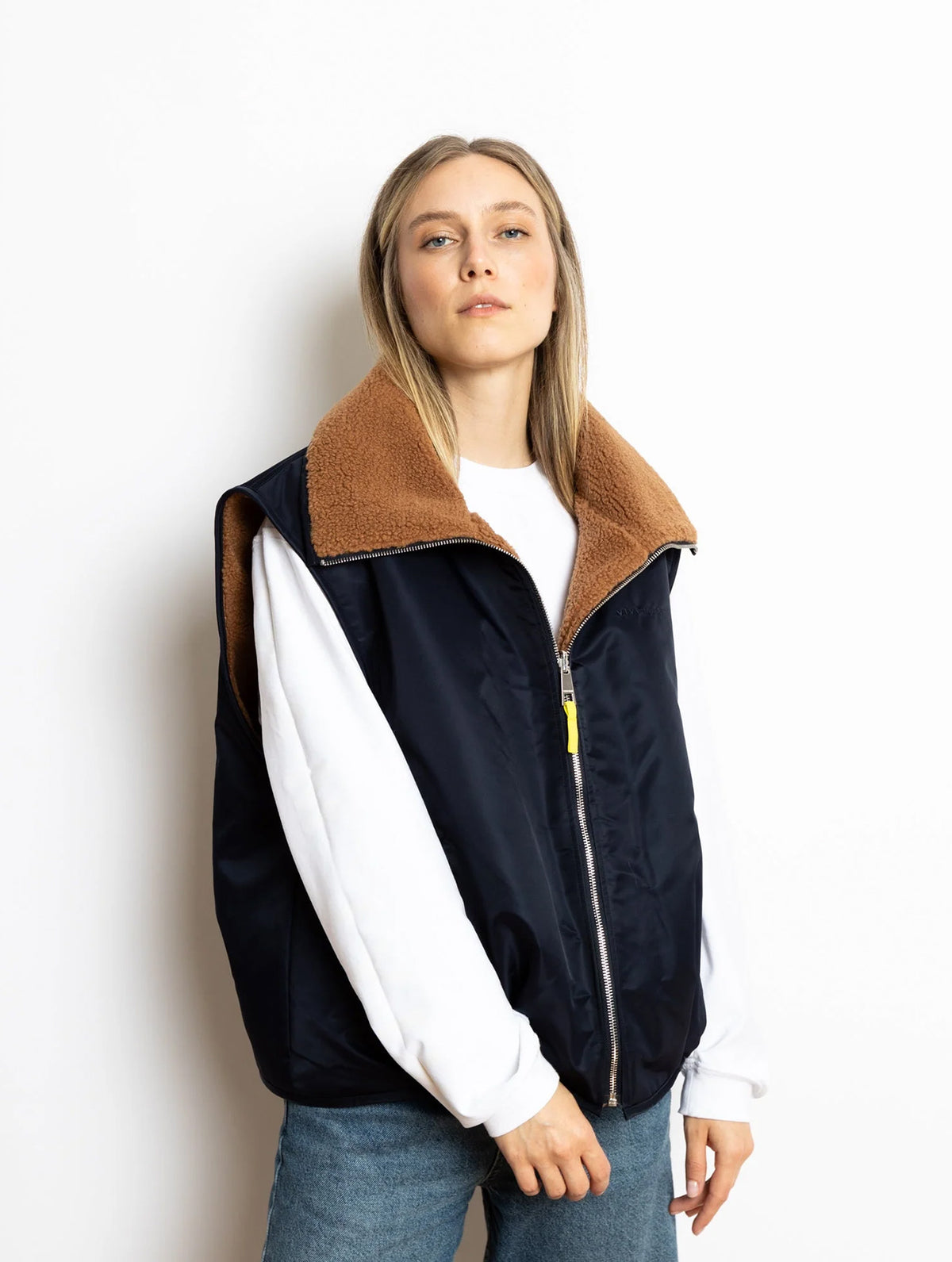 Reversible Bomber Vest - Navy/Caramel