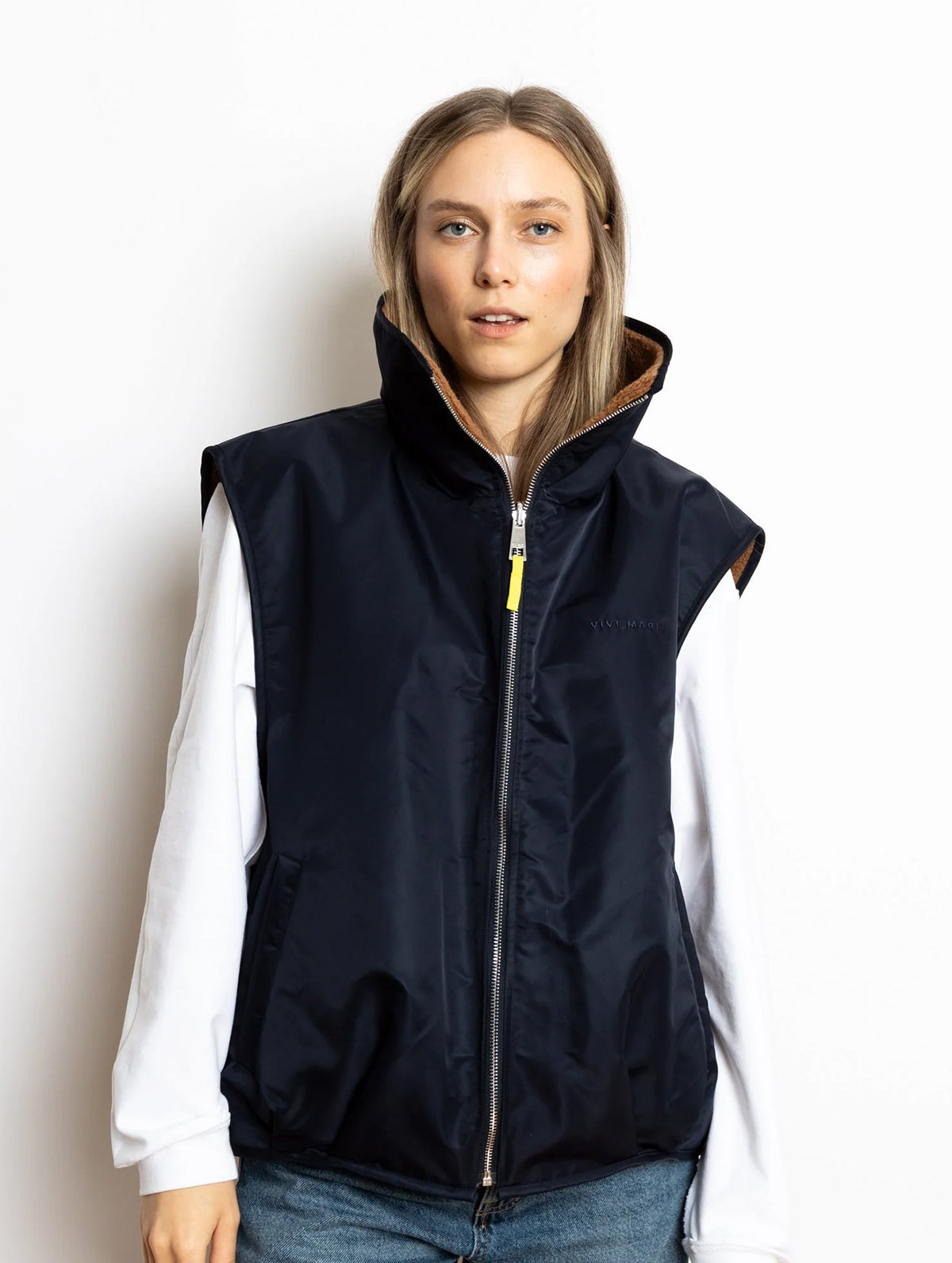 Reversible Bomber Vest - Navy/Caramel