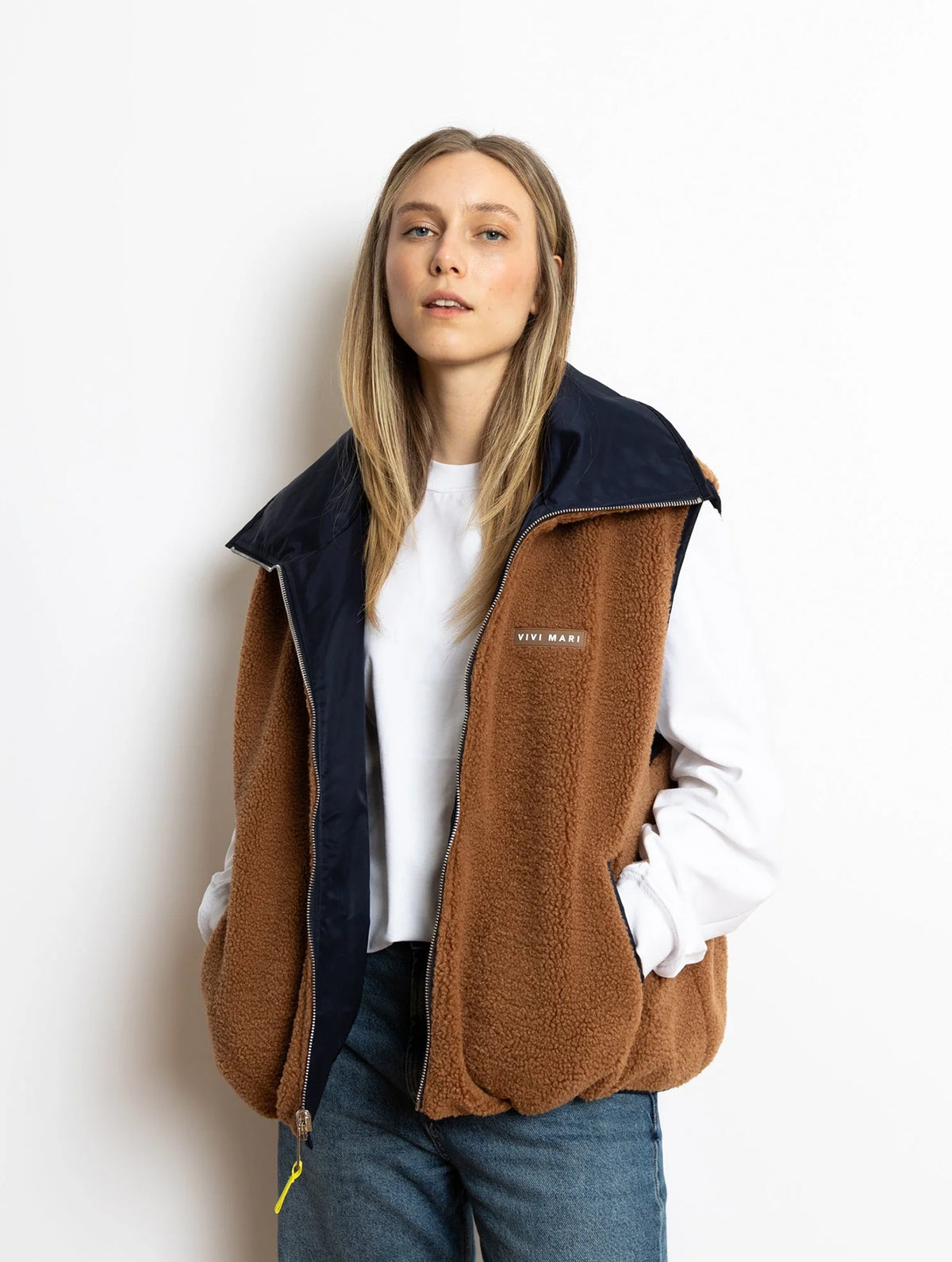 Reversible Bomber Vest - Navy/Caramel